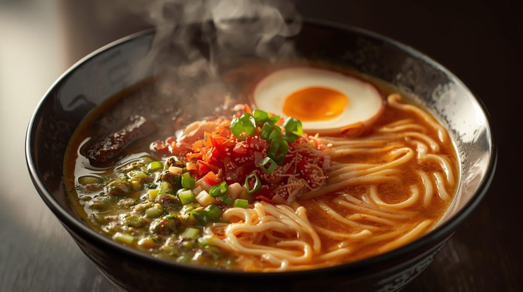 Japanese ramen bowl, studio photography style, warm lighting, steam effect, highly detailed, 4K